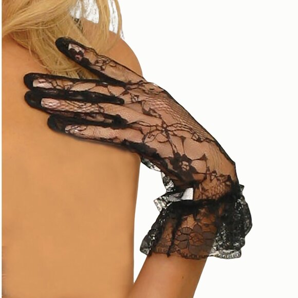 Elegant Moments Accessories - Black Lace Ruffled Wrist Length Gloves Floral Sheer Victorian Goth Lingerie